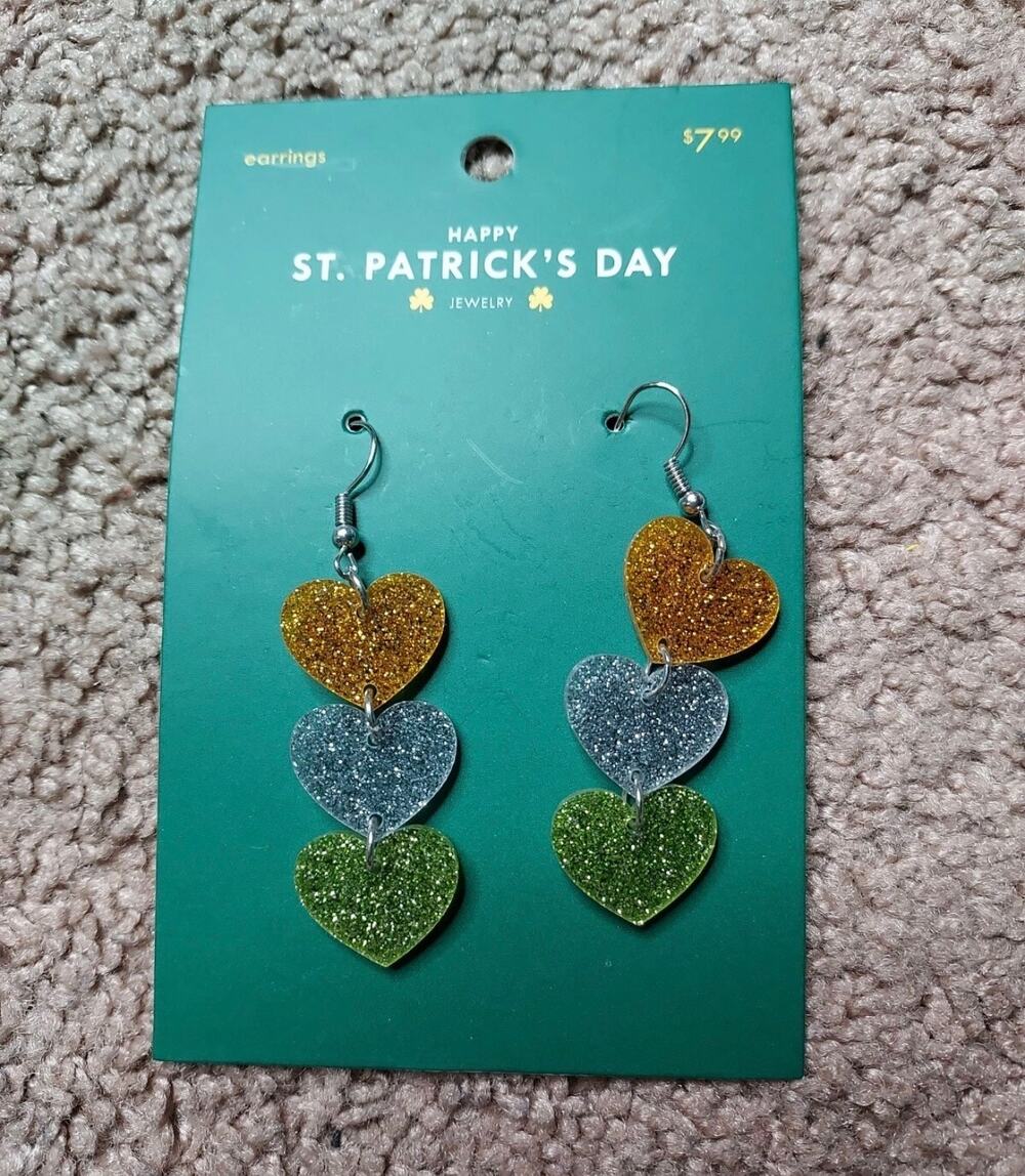 New Joann's Happy St. Patrick's Day Jewelry Glitter Dangle Heart Earrings